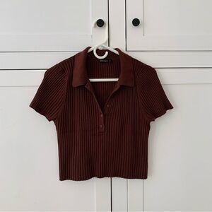 Ghanda Chocolate Brown Ribbed Collar Crop Top Size Large
